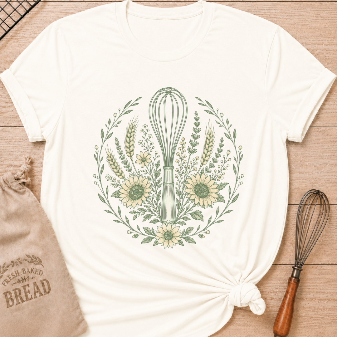 Vintage White Whisk, Wheat and Sunflowers women's relaxed fit tee with a kitchen whisk, golden wheat, sunflowers, and greenery
