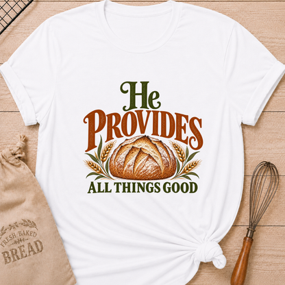 White women's relaxed fit tee with a rustic artisan loaf framed by golden wheat and earthy vintage He Provides All Things Good lettering