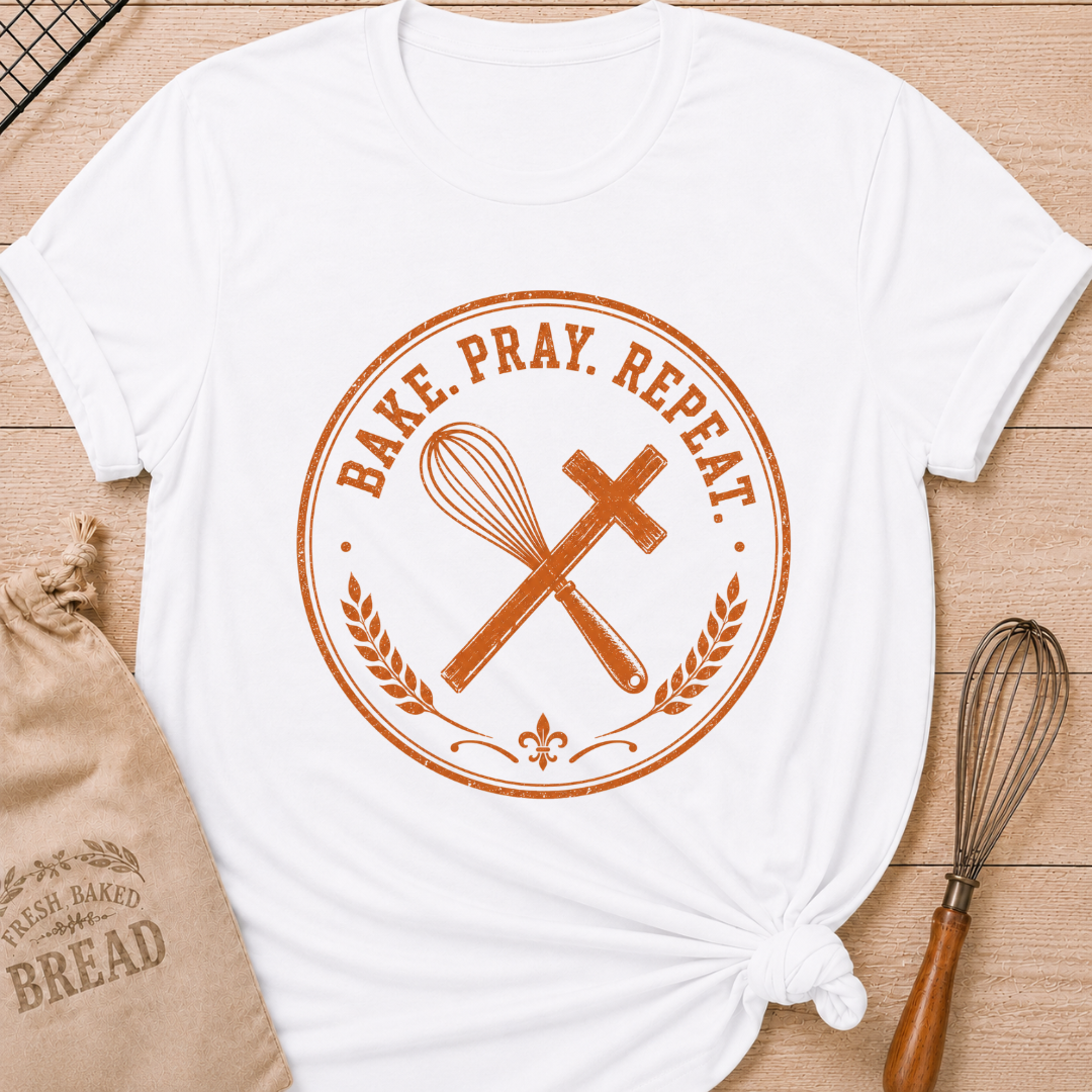 White women's relaxed fit t-shirt with the words Bake. Pray. Repeat. inside a vintage bakery emblem with a classic whisk, a rolling pin, and wheat details.