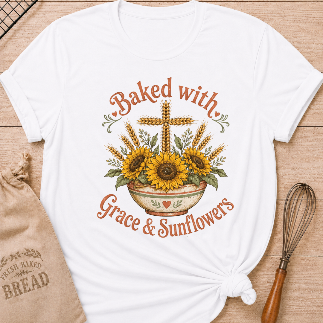 A white graphic t-shirt with a 'Baked with Grace & Sunflowers' design featuring sunflowers, wheat, and a cross, styled on a wooden background with a burlap bag and whisk.
