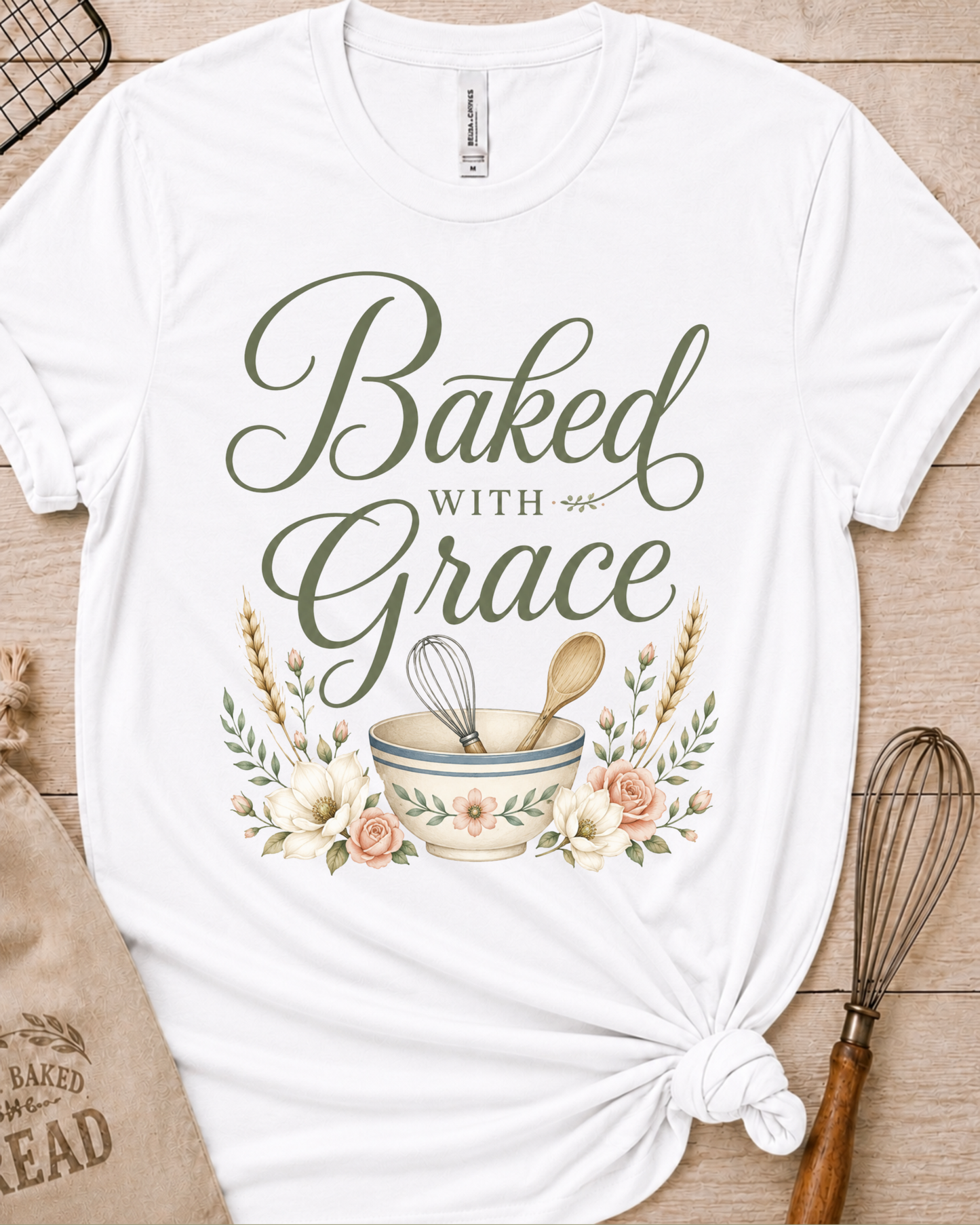 White women's relaxed fit t-shirt with Baked with Grace in script surrounded by golden wheat stalks and soft watercolor florals.
