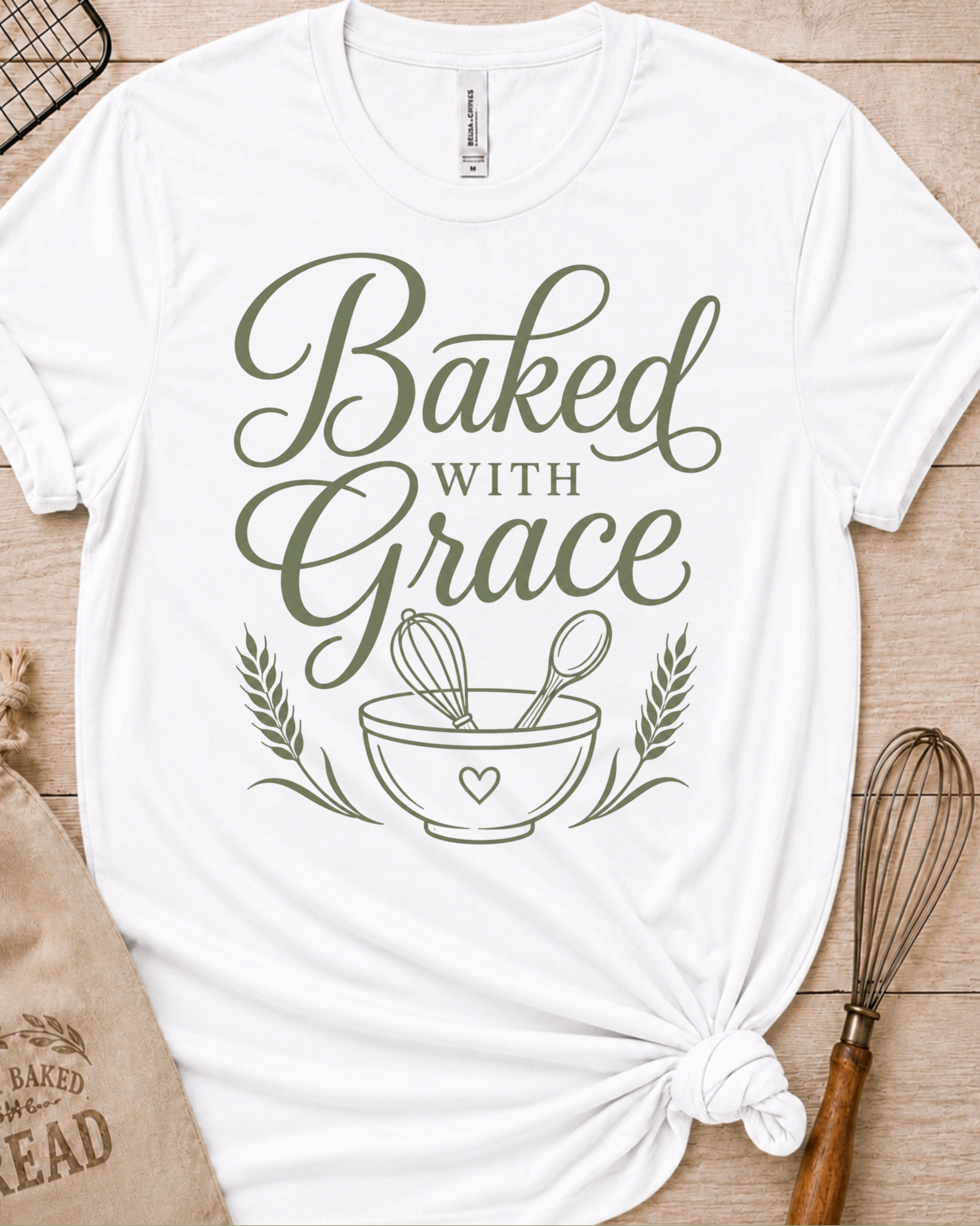 White women's relaxed fit t-shirt with Baked with Grace in green script above a mixing bowl with a whisk and wooden spoon.