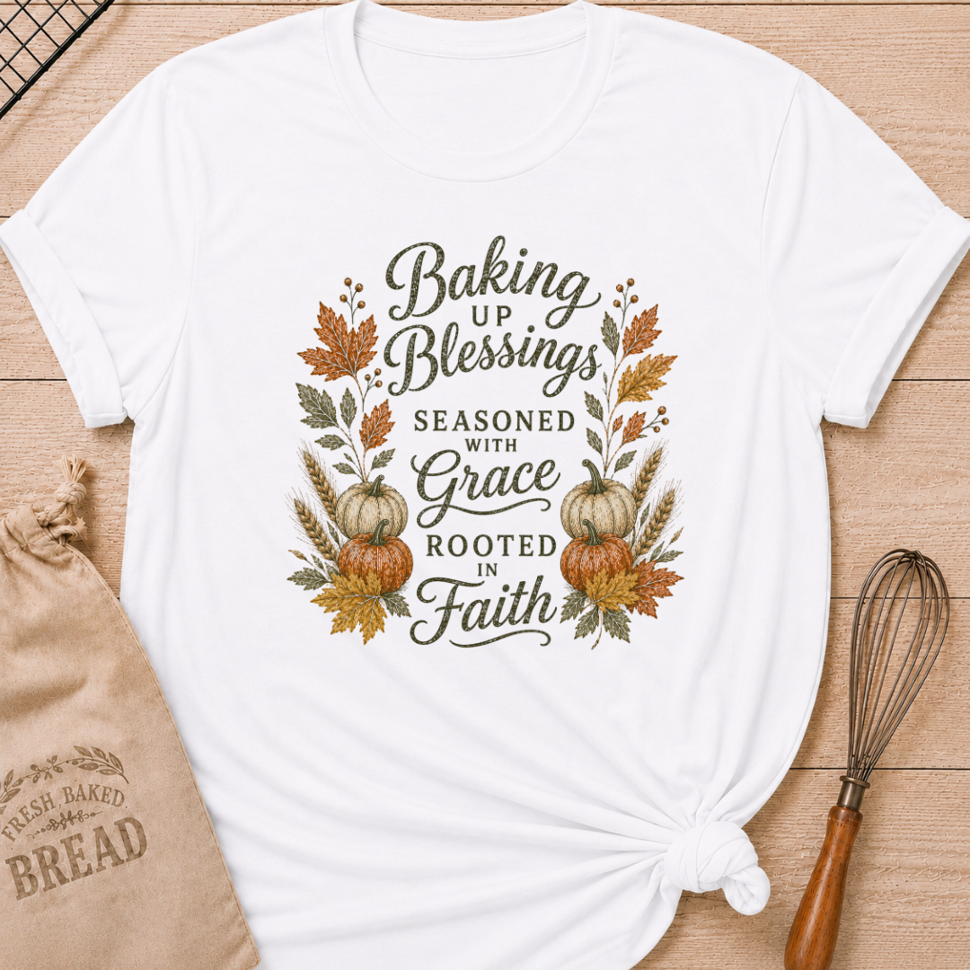 White women's relaxed fit tee with elegant vintage Baking Up Blessings, Seasoned With Grace, Rooted in Faith lettering framed by ivory and orange pumpkins, golden wheat and richly colored fall leaves