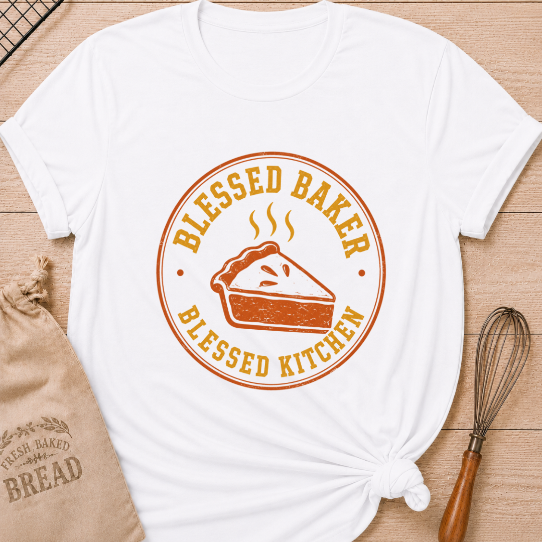 White women's relaxed fit t-shirt with the words Blessed Baker, Blessed Kitchen in bold vintage badge lettering and a steaming slice of homemade pie.