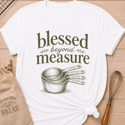 White women's relaxed fit t-shirt with the words Blessed Beyond Measure in vintage lettering and a stack of measuring cups.