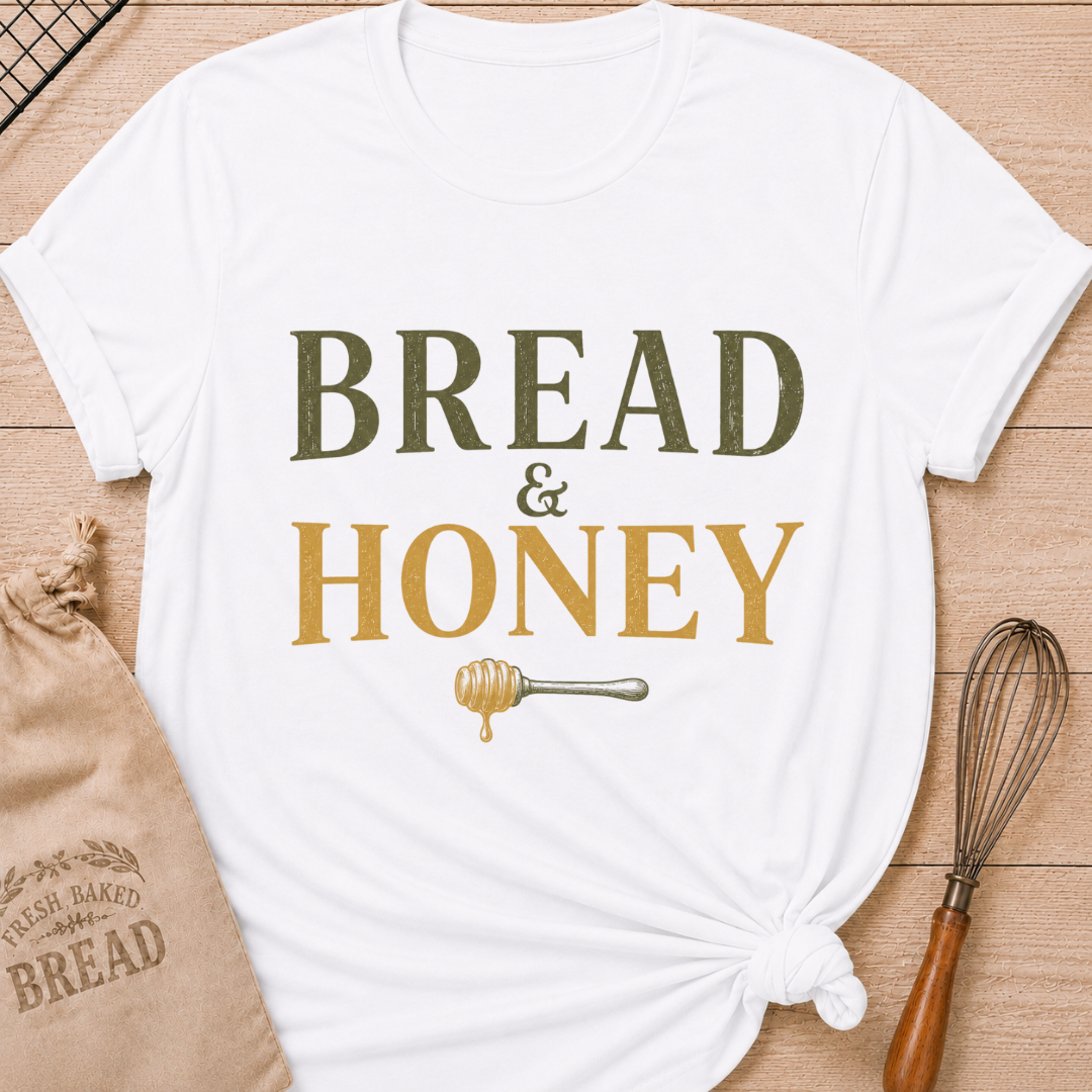 White Bread and Honey women's relaxed fit tee with vintage lettering and a dripping honey dipper