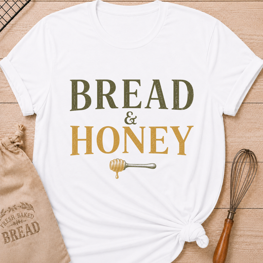 White Bread and Honey women's relaxed fit tee with vintage lettering and a dripping honey dipper