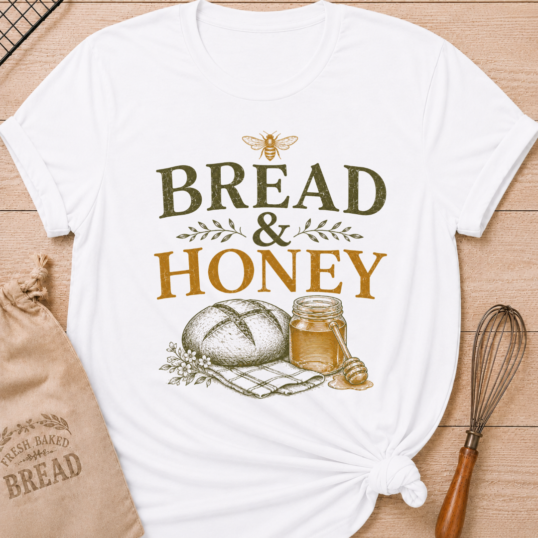White Bread and Honey Bee women's relaxed fit tee with a rustic loaf, golden honey, a honeybee and delicate greenery