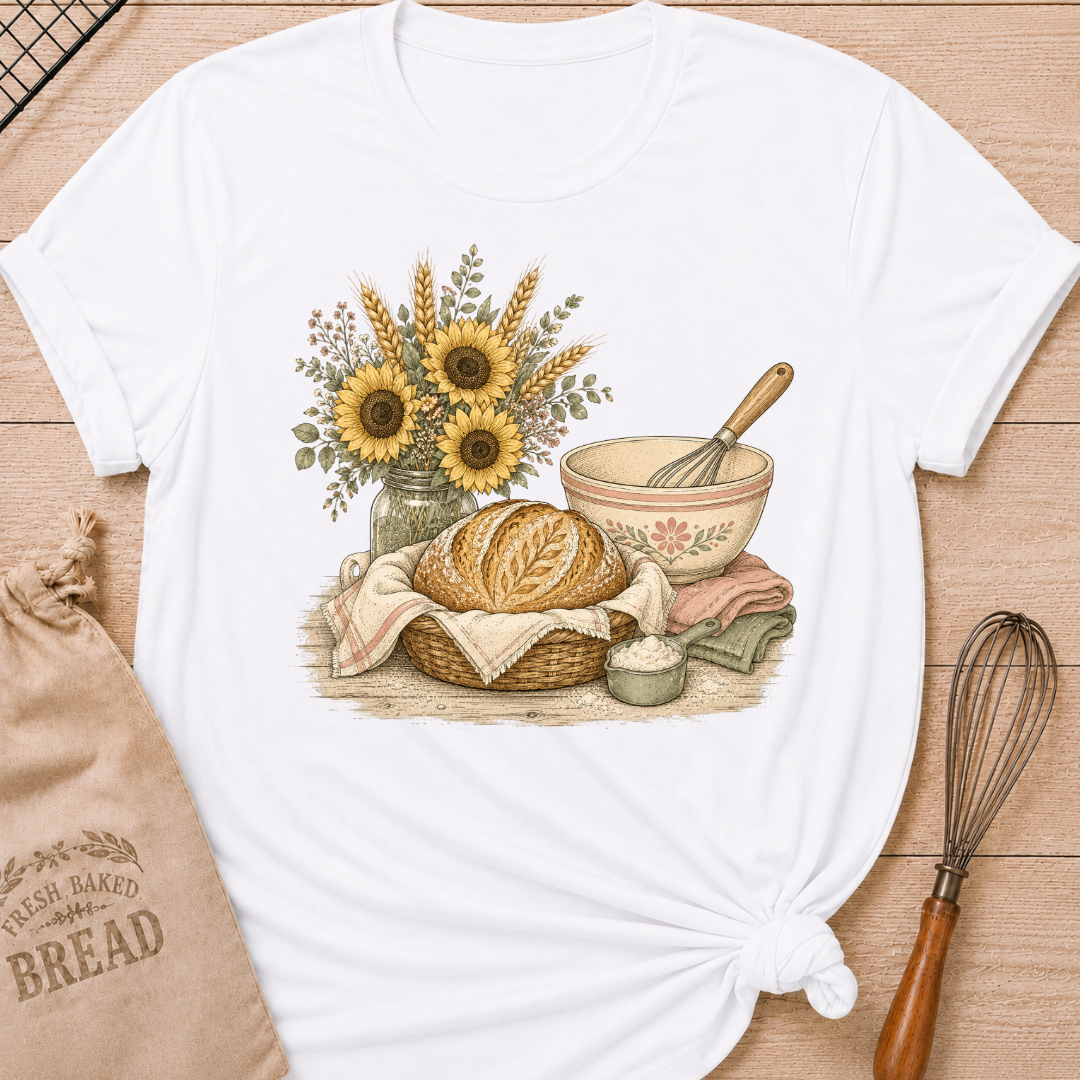 White Bread and Sunflower Bouquet women's relaxed fit tee with a rustic artisan loaf, a vintage mixing bowl, and a bouquet of sunflowers and wheat