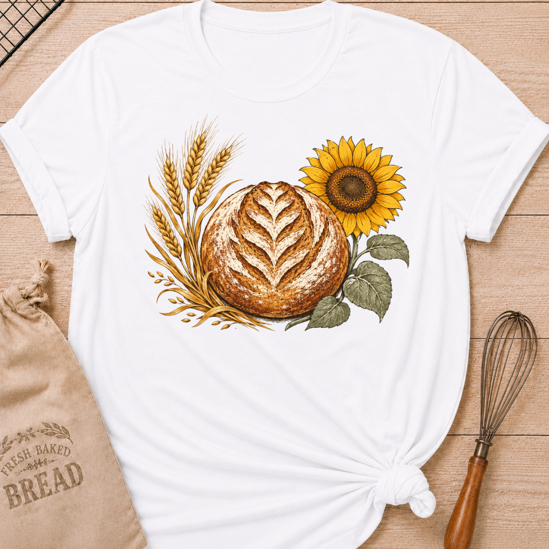 White Bread, Wheat and Sunflower women's relaxed fit tee with a hand-scored artisan loaf, golden wheat, and a sunflower