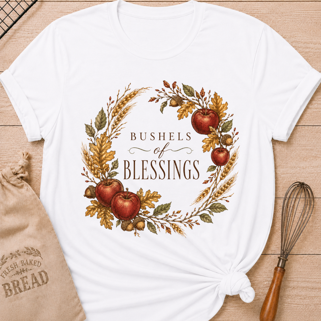 White women's relaxed fit tee with a vintage wreath of apples, wheat, acorns and fall leaves