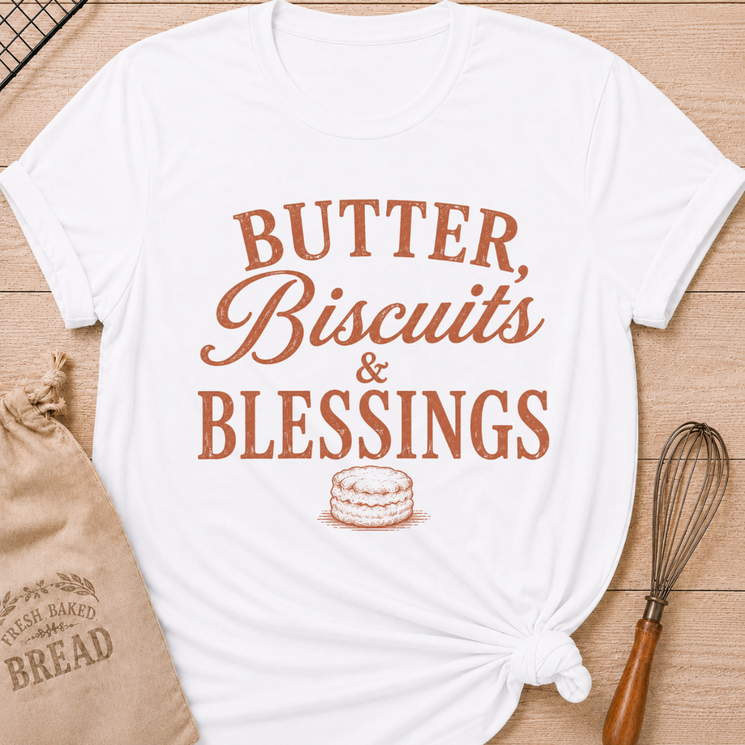 White Butter, Biscuits and Blessings women's relaxed fit tee with vintage typography and a classic biscuit illustration