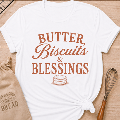 White Butter, Biscuits and Blessings women's relaxed fit tee with vintage typography and a classic biscuit illustration