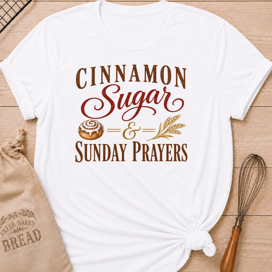 White women's relaxed fit t-shirt with the words Cinnamon, Sugar & Sunday Prayers in vintage lettering with a gooey cinnamon roll, wheat, and classic bakery details.