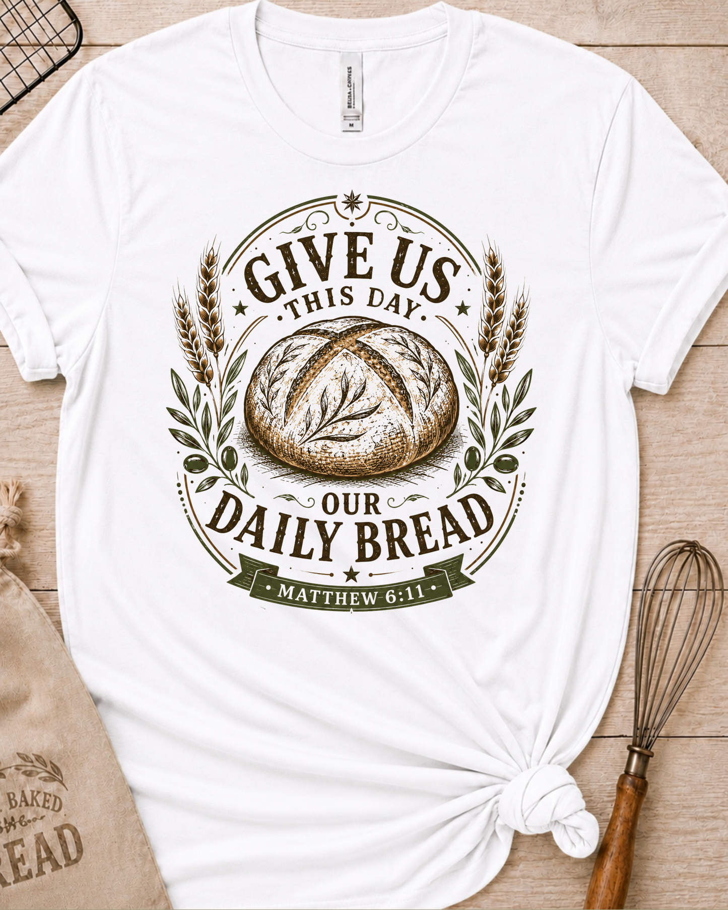 White women's relaxed fit t-shirt with the Daily Bread emblem, a clean badge-style bread illustration inspired by Matthew 6:11.