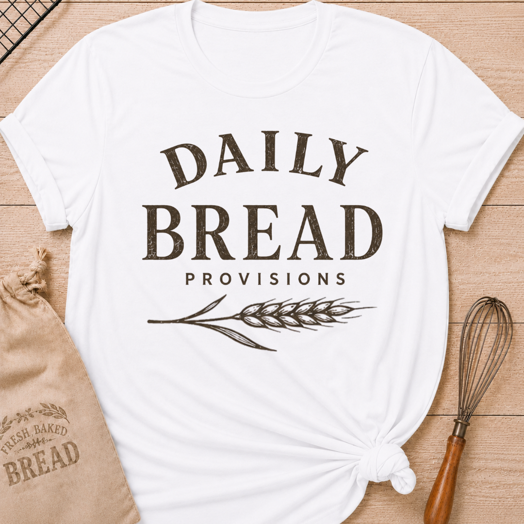 White Daily Bread Provisions women's relaxed fit tee with bold vintage lettering and a classic wheat stalk