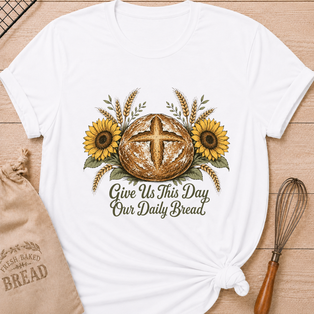 White women's relaxed fit tee with a rustic sourdough loaf, golden wheat, and yellow sunflowers, reading Give Us This Day Our Daily Bread