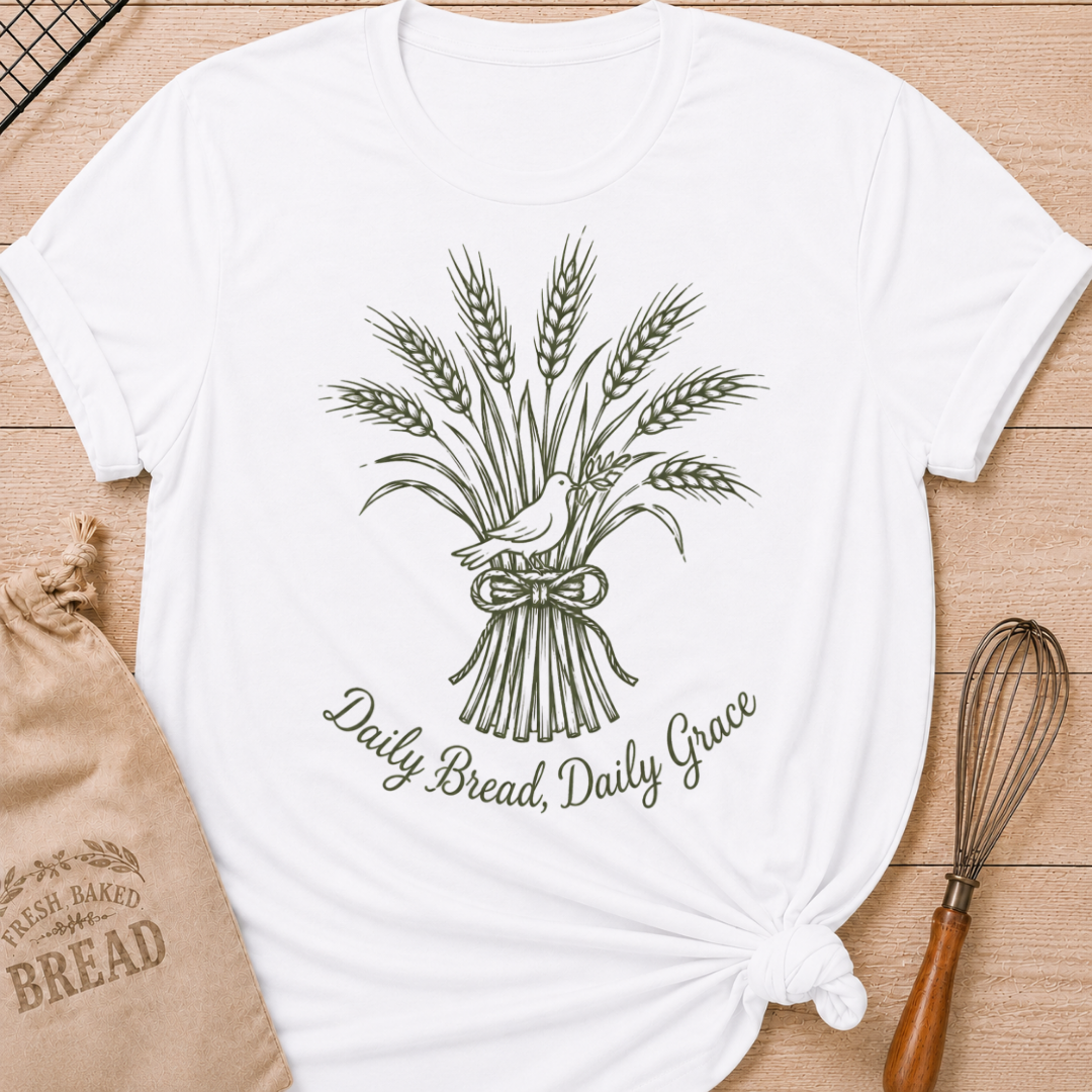 White women's relaxed fit t-shirt with a tied bundle of wheat and a dove and the words Daily Bread, Daily Grace.
