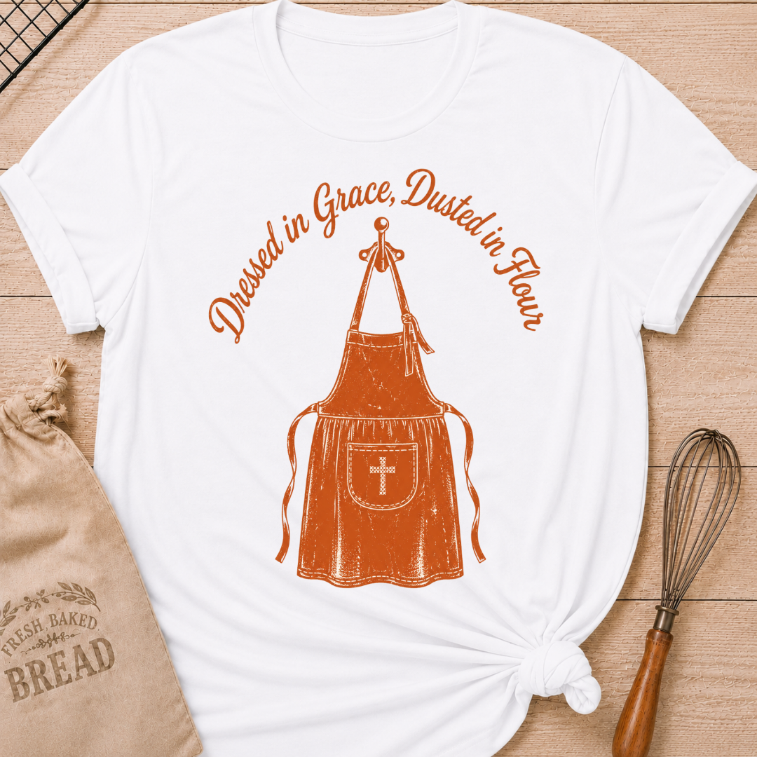 White women's relaxed fit t-shirt with the words Dressed in Grace, Dusted in Flour on a vintage apron with a stitched cross pocket.