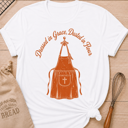 White women's relaxed fit t-shirt with the words Dressed in Grace, Dusted in Flour on a vintage apron with a stitched cross pocket.