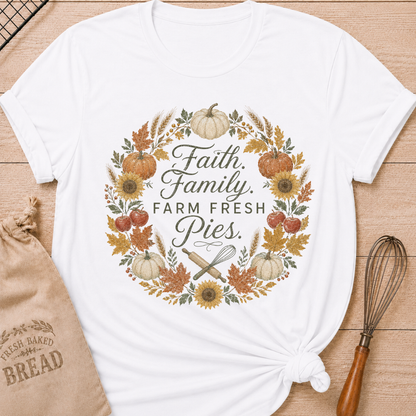 Women's relaxed fit graphic tee in White with "Faith, Family, Farm Fresh Pies" design, featuring warm farmhouse-inspired typography on a crisp white shirt