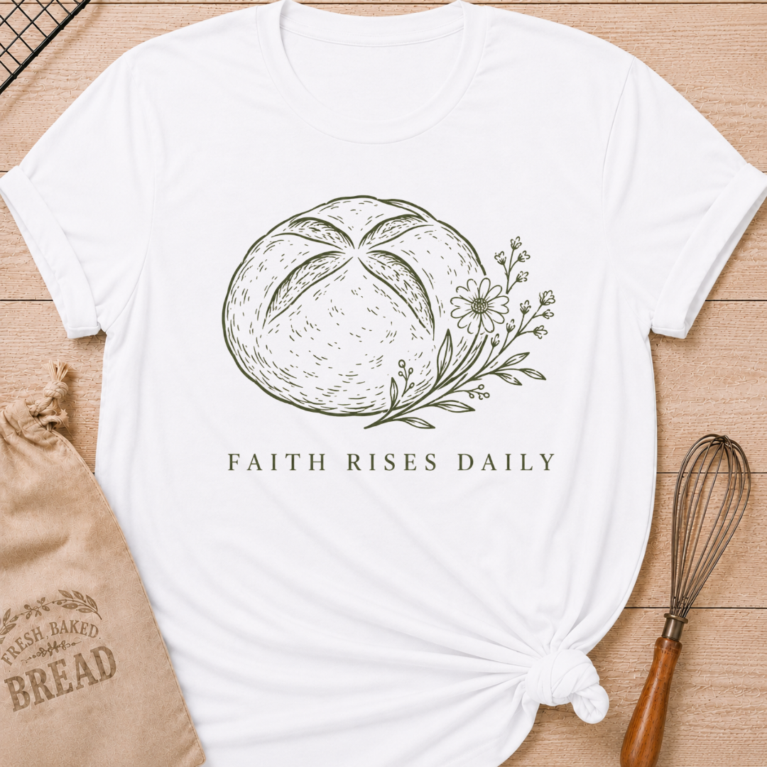 White women's relaxed fit t-shirt with the words Faith Rises Daily above a scored loaf of bread and delicate wildflowers.