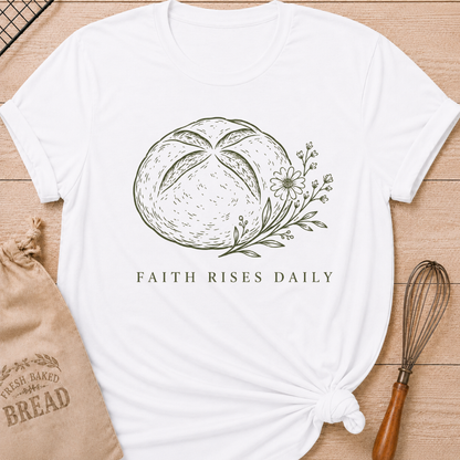 White women's relaxed fit t-shirt with the words Faith Rises Daily above a scored loaf of bread and delicate wildflowers.