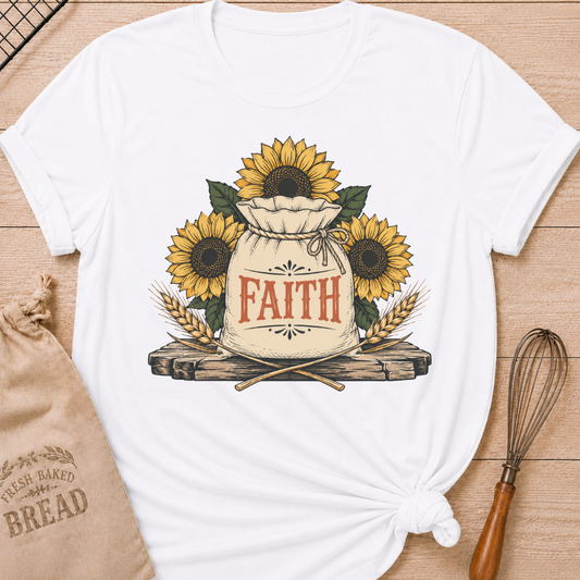 White Faith and Sunflowers women's relaxed fit tee with a rustic grain sack, bright sunflowers, and golden wheat