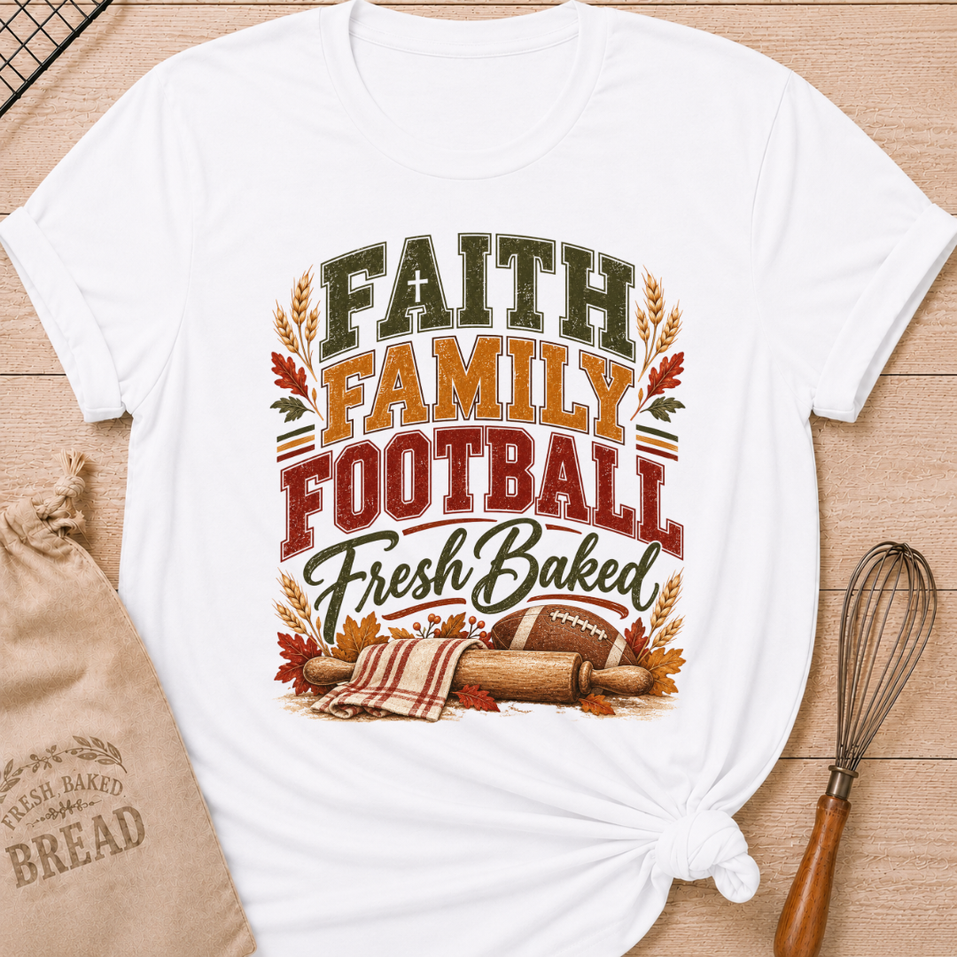 White women's relaxed fit tee with vintage collegiate Faith Family Football Fresh Baked lettering above wheat, autumn leaves, a rolling pin and a classic football