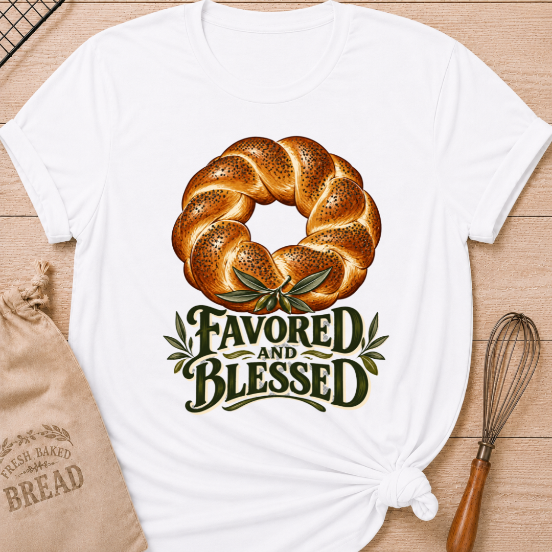 White women's relaxed fit tee with a braided loaf accented with olive branches and bold vintage Favored and Blessed lettering in deep earthy tones