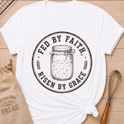 White women's relaxed fit t-shirt with a vintage sourdough starter jar, wheat and the words Fed by Faith, Risen by Grace.