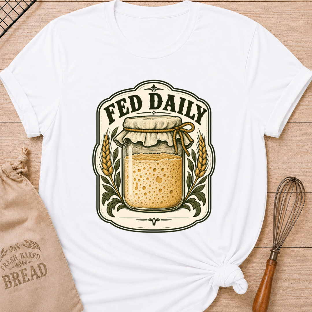 White women's relaxed fit tee with a bubbly sourdough starter jar framed by golden wheat and leafy accents in a vintage bakery label, with Fed Daily lettering