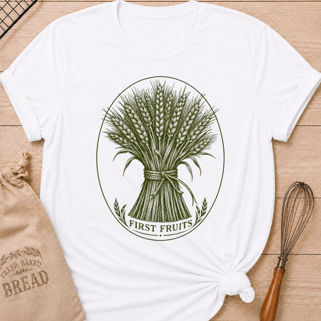 White women's relaxed fit tee with a detailed bundle of wheat tied by hand and framed in a classic vintage oval, with First Fruits lettering