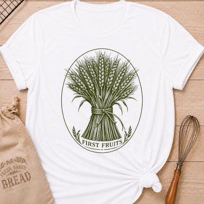 White women's relaxed fit tee with a detailed bundle of wheat tied by hand and framed in a classic vintage oval, with First Fruits lettering