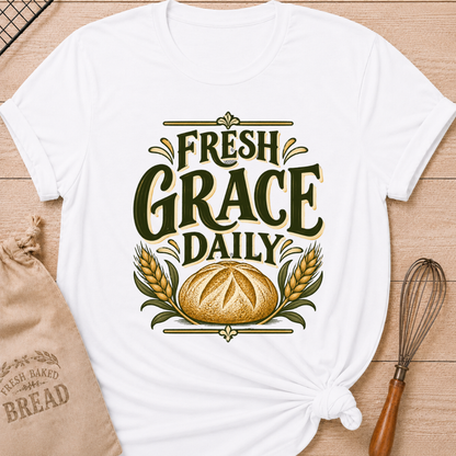 White women's relaxed fit tee with bold vintage Fresh Grace Daily lettering above a golden artisan loaf framed by wheat and leafy accents