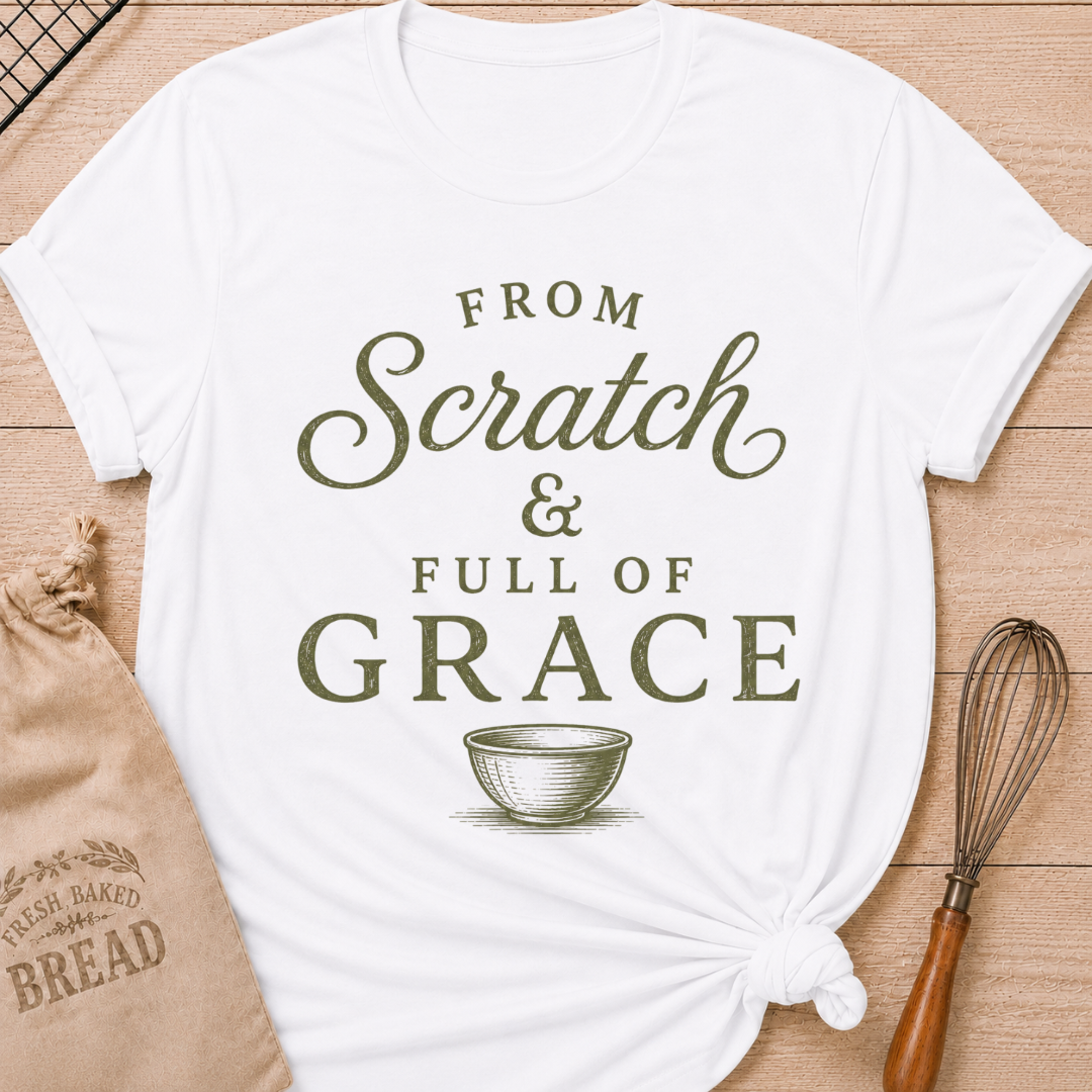 White From Scratch and Full of Grace women's relaxed fit tee with vintage sage lettering and a classic mixing bowl