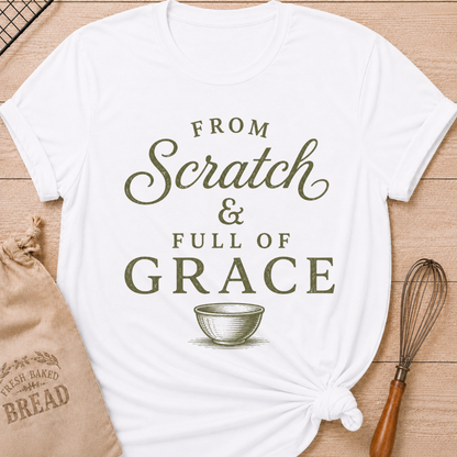 White From Scratch and Full of Grace women's relaxed fit tee with vintage sage lettering and a classic mixing bowl