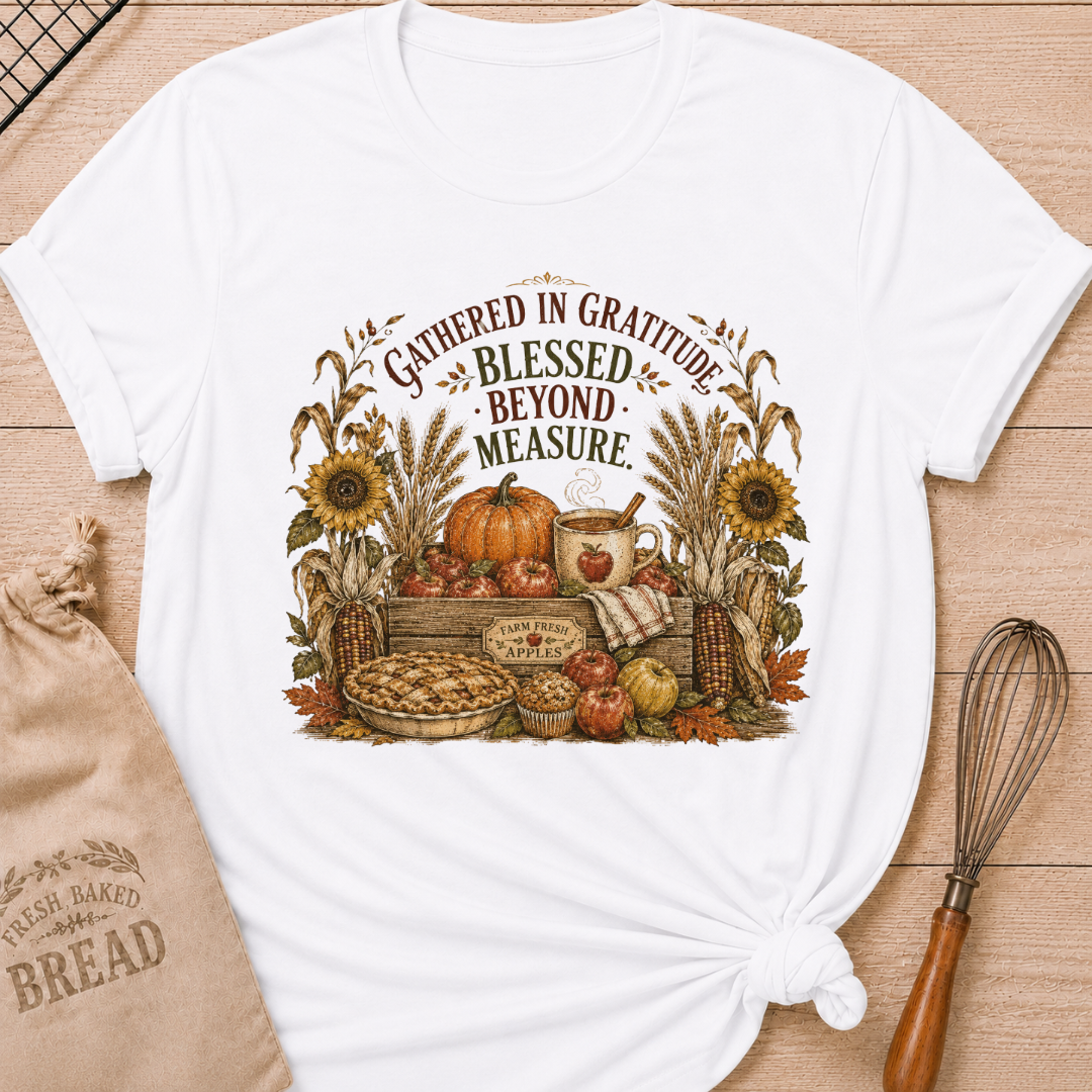 White women's relaxed fit tee with a vintage harvest scene of apples, pumpkins, wheat, corn, sunflowers and fresh-baked pie