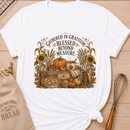 White women's relaxed fit tee with a vintage harvest scene of apples, pumpkins, wheat, corn, sunflowers and fresh-baked pie