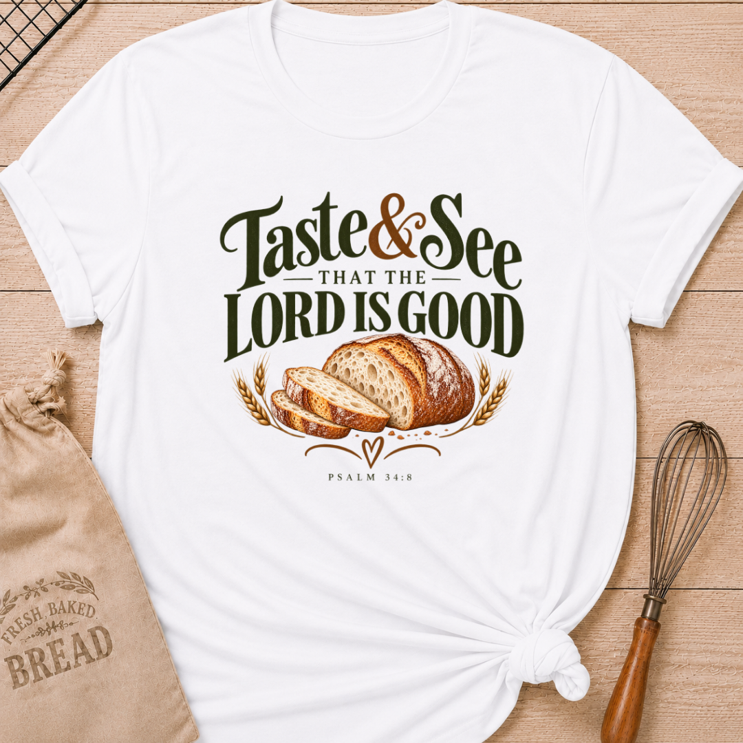 White women's relaxed fit tee with bold vintage Taste and See That the Lord Is Good lettering above a sliced artisan loaf, golden wheat, and Psalm 34:8