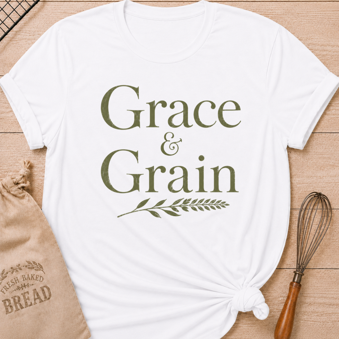 White women's relaxed fit t-shirt with the words Grace and Grain in vintage lettering and a delicate wheat sprig.