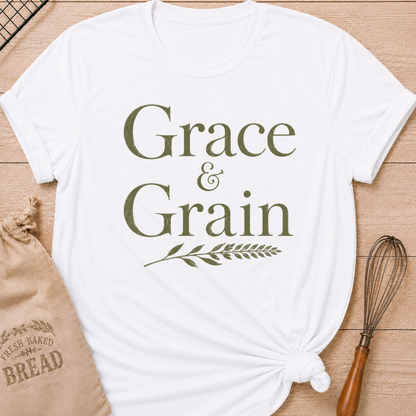 White women's relaxed fit t-shirt with the words Grace and Grain in vintage lettering and a delicate wheat sprig.