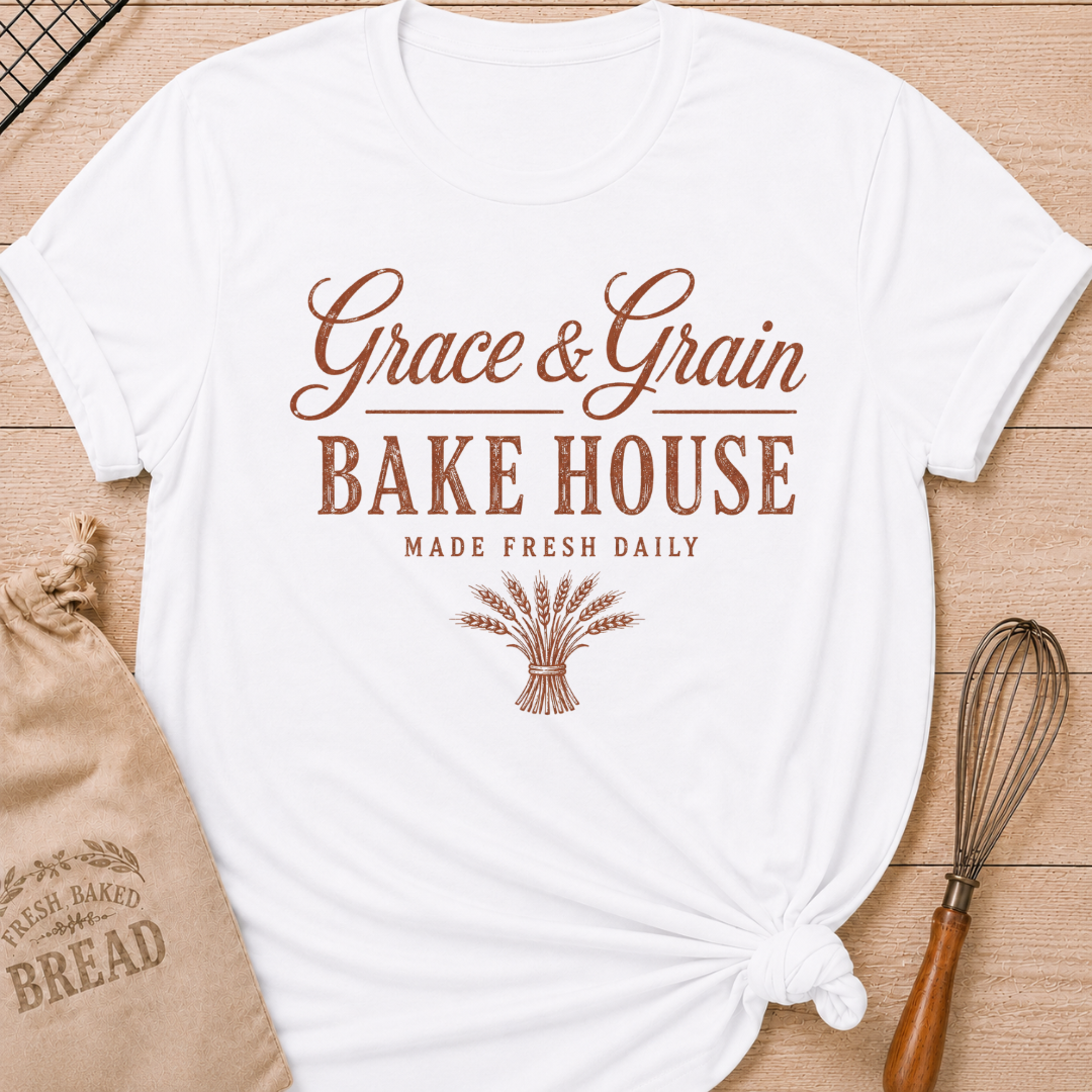 White Grace and Grain Bake House women's relaxed fit tee with vintage lettering and a bundle of wheat