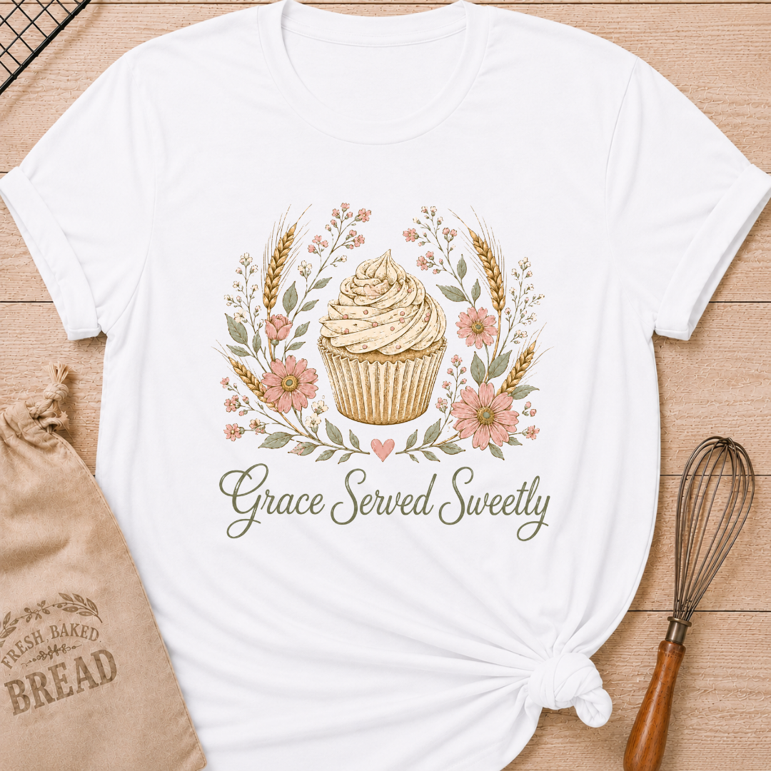 White women's relaxed fit t-shirt with a frosted cupcake framed by soft pink flowers, wheat and greenery.