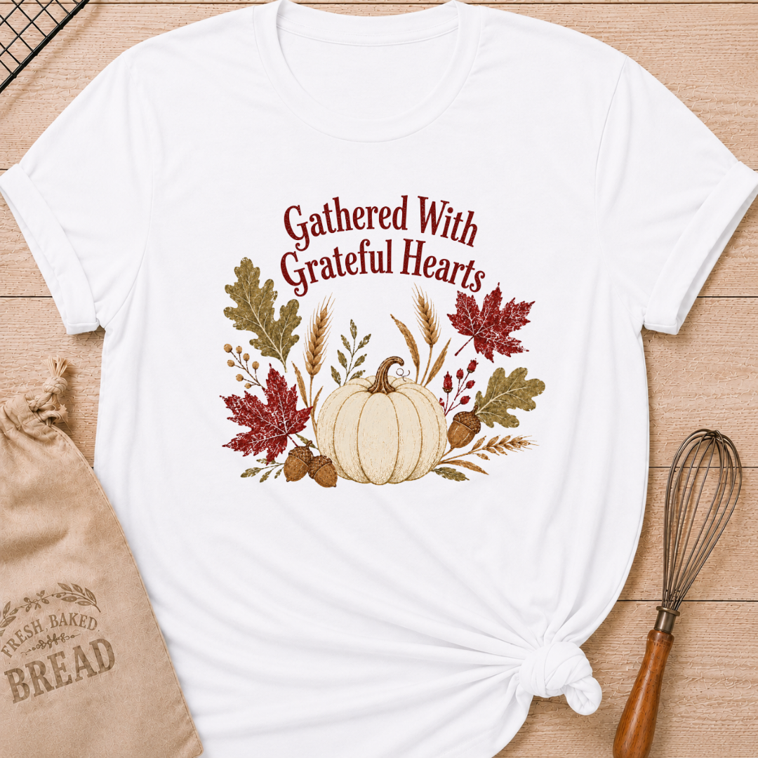White women's relaxed fit tee with Gathered With Grateful Hearts lettering above a soft ivory pumpkin surrounded by wheat, acorns, berries and richly colored autumn leaves