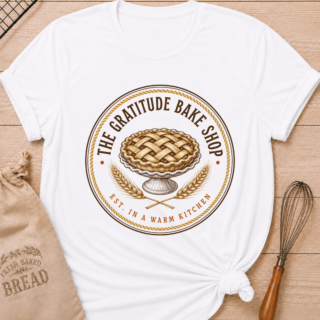 White women's relaxed fit tee with a vintage round bake shop emblem, lattice pie and golden wheat