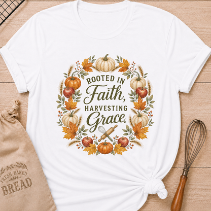 White women's relaxed fit tee with a Rooted in Faith Harvesting Grace wreath of pumpkins, apples, wheat and golden leaves