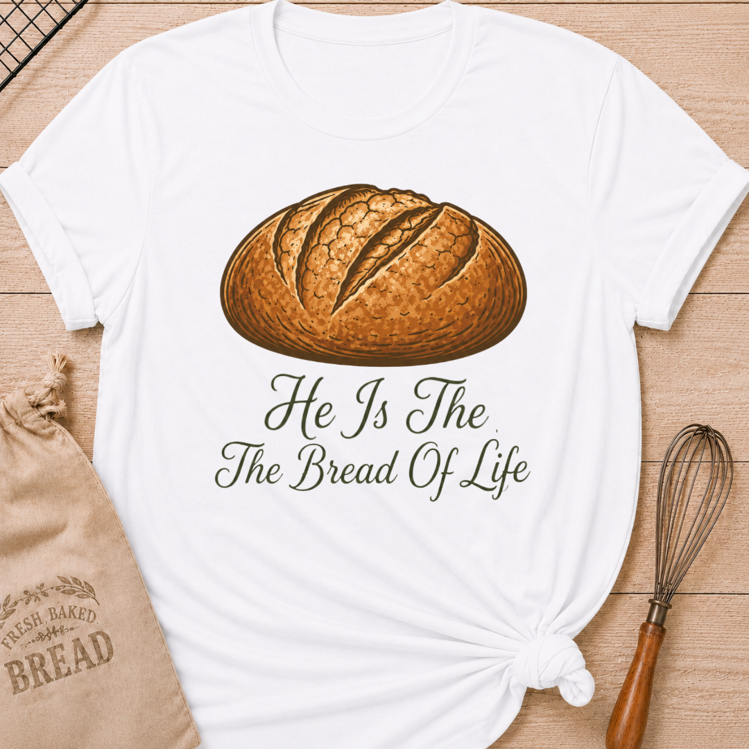 White women's relaxed fit t-shirt with the words He Is the Bread of Life in graceful vintage lettering and an illustrated artisan loaf.