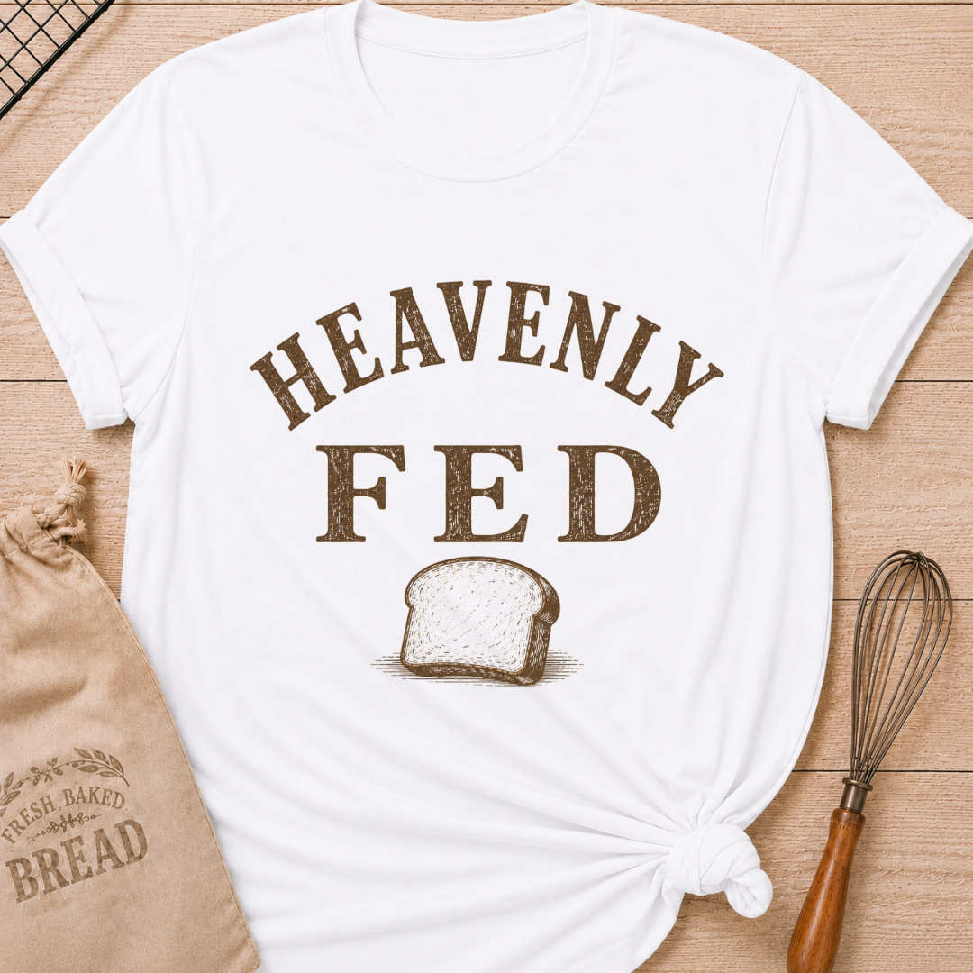 White Heavenly Fed women's relaxed fit tee with bold vintage lettering and a slice of homemade bread