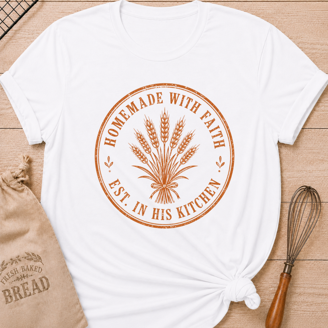 White women's relaxed fit t-shirt with the words Homemade with Faith in a vintage market emblem around a tied bundle of wheat.